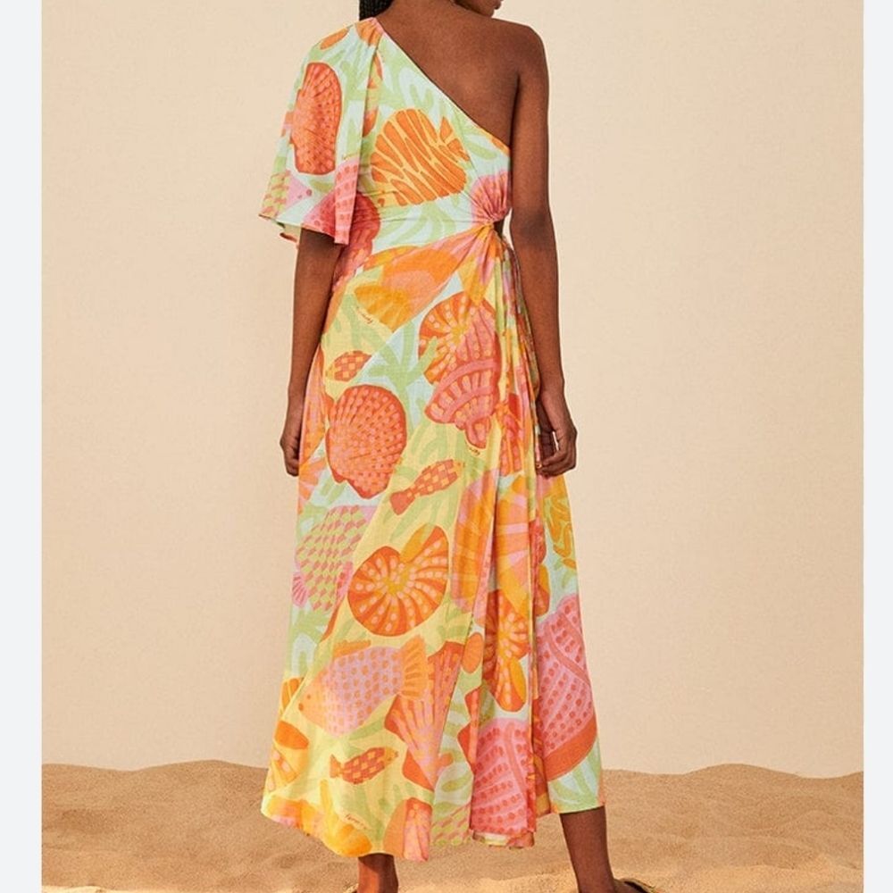 Farm Rio Seashell Maxi Dress M Green Orange Marine Beach Boho Summer Coastal - Picture 7 of 7